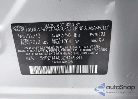 2013 Hyundai Elantra Gls из США, поврежденный, VIN 5NPDH4AE3DH449841